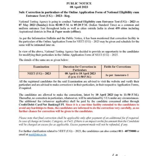 NEET UG 2023 correction window opens at neet.nta.nic.in