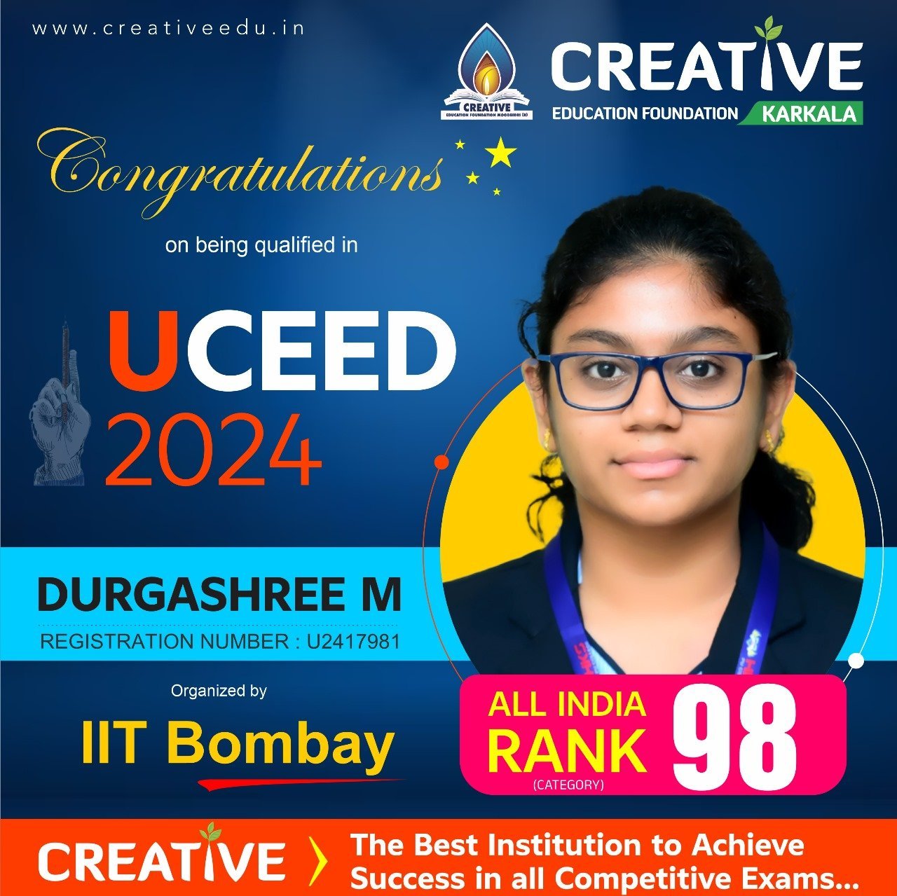 Miss Durgashree M Shines with 98th All India Rank in UCEED 2024