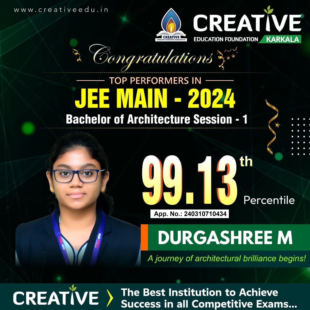 Miss Durgashree M Secures 99.13 Percentile in JEE Main Session 1